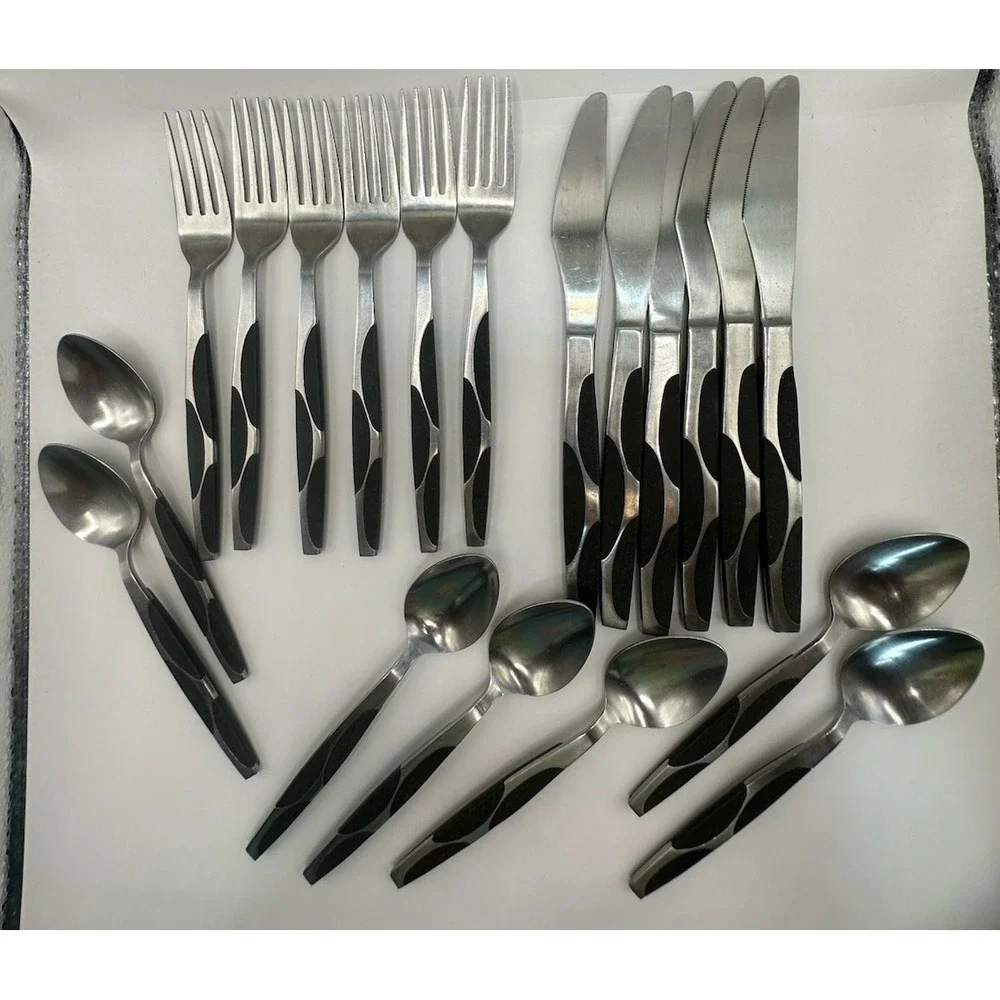Service for 6 Vintage Japan Black Half Circle Flatware Forks Knives Tablespoons